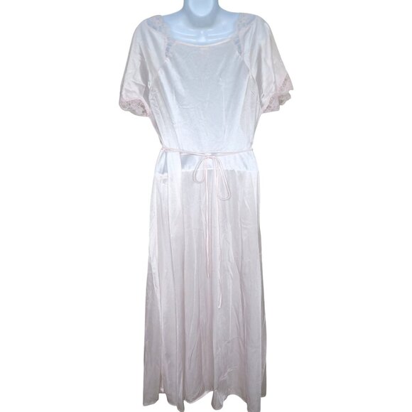 Vintage Light Pink Nylon Nightgown: Lace Trim, Tie Back (Size L) - Picture 3 of 13